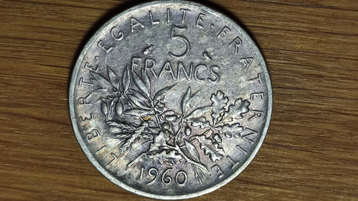 Franta - moneda mare 12 gr. argint .835 - 5 franci / francs 1960 - impecabila !