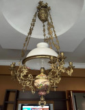 Lampa, Lustra antica, bronz, majolique, 9 sfesnice, ingerasi, dragoni, 140x67cm