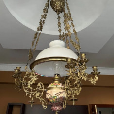 Lampa, Lustra antica, bronz, majolique, 9 sfesnice, ingerasi, dragoni, 140x67cm