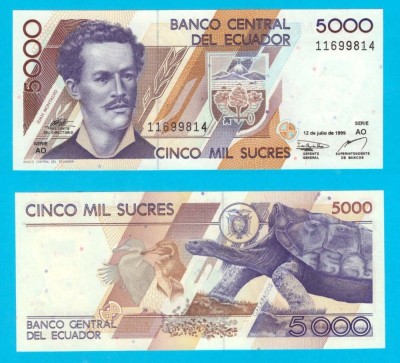 Ecuador (p#128) 5.000 Sucres 1999 UNC &amp;#039;Galapagos&amp;#039; serie: AO 0696668xx foto