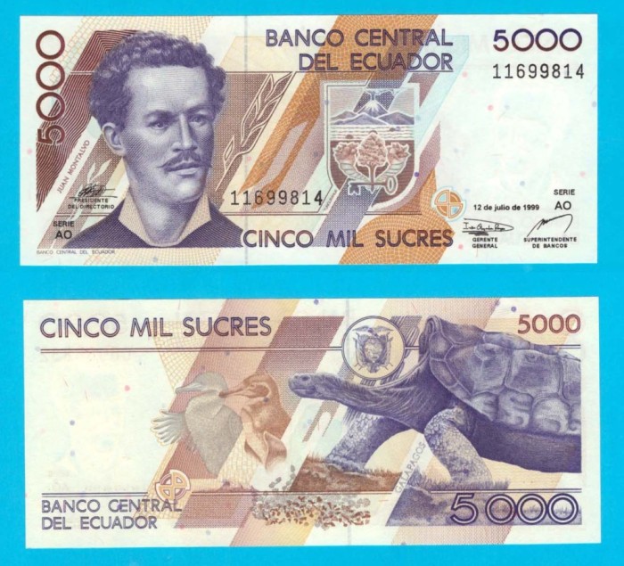 Ecuador (p#128) 5.000 Sucres 1999 UNC &#039;Galapagos&#039; serie: AO 0696668xx