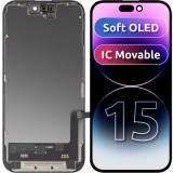 Display cu Touchscreen MP compatibil cu Apple iPhone 15, cu Rama, Versiune Soft OLED FHD IC Movable, Negru