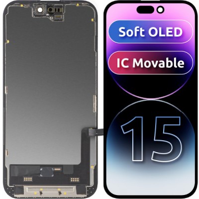 Display cu Touchscreen MP compatibil cu Apple iPhone 15, cu Rama, Versiune Soft OLED FHD IC Movable, Negru foto