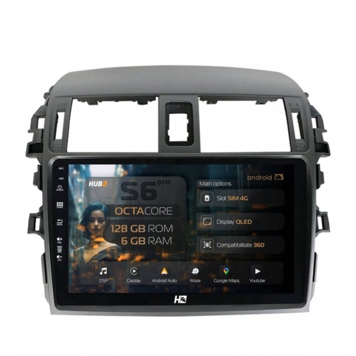 Navigatie Toyota Corolla (2007-2013) 6GB RAM Android 13 Octacore Slot Sim 4G DSP GPS Wi-FI Carplay Android Auto USB Bluetooth Waze Touchscreen 9 Inch