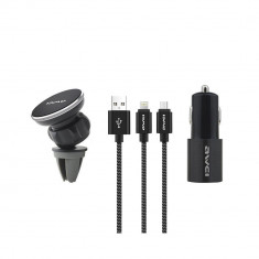 Set Auto Awei X10 cu Suport Auto Magnetic si Incarcator Auto 2 Amperi, Cablu cu conectori Lightning si MicroUSB, Negru foto