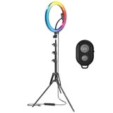 Lampa circulara LED 26 cm diametru,RGB, trepied reglabil 200 cm, telecomanda bluetooth inclusa