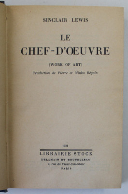 LE CHEF - D &amp;#039; OEUVRE ( WORK OF ART ) by SINCLAIR LEWIS , 1934 foto
