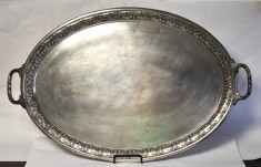 Tava veche din alama argintata - cu manere si bordura decorate floral - cca.1900 / dimensiuni mari