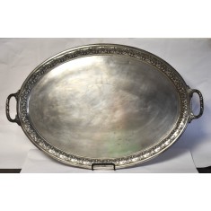 Tava veche din alama argintata - cu manere si bordura decorate floral - cca.1900 / dimensiuni mari