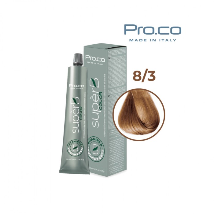 Vopsea de par profesionala fara amoniac SUPERB.COLOR 100 ml - Pro.Co - 8/3 BLOND DESCHIS AURIU