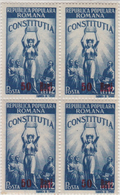 1952 LP 298 CONSTITUTIA R. P. R. SUPRATIPAR BLOC DE 4 TIMBRE MNH foto