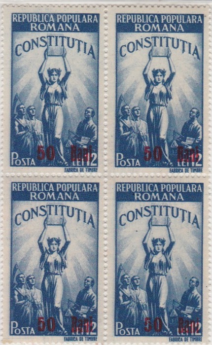 1952 LP 298 CONSTITUTIA R. P. R. SUPRATIPAR BLOC DE 4 TIMBRE MNH