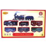 Set Tren Vintage, 1 Locomotiva, 5 Vagoane, Accesorii cu semne de circulatie