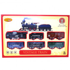 Set Tren Vintage, 1 Locomotiva, 5 Vagoane, Accesorii cu semne de circulatie foto