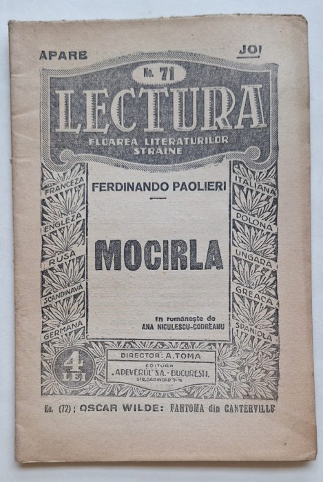 LECTURA nr. 71 &ndash; Ferdinando Paolieri: Mocirla &ndash; Adevărul S.A., București, interbelic