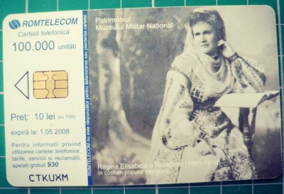 Cartela telefonica Romtelecom 100.000 lei 10 lei noi Patrimoniul Muzeului Militar National 2008 CTKUXM Principesa Elisabeta a Romaniei 1843 - 1916 foto