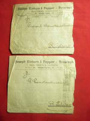 2 Plicuri Antet Firma J.Einhorn &amp;amp; Popper 1913 circ.Buc.-Rm.Sarat 15 bani Carol foto