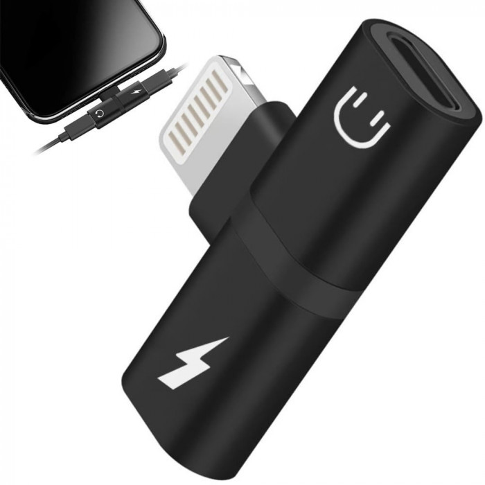 Adaptor splitter 2in1, 2x USB Iphone - Jack 3.5 mm - Negru