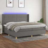 vidaXL Pat cu arcuri, saltea și LED, gri &icirc;nchis, 200x200 cm, textil