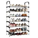 Cumpara ieftin Suport pentru pantofi, cu 6 rafturi, din metal si ABS, instalare usoara, pentru hol, balcon, living, robusta si durabila, argintiu/negru