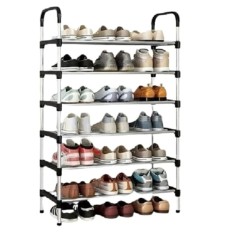 Suport pentru pantofi, cu 6 rafturi, din metal si ABS, instalare usoara, pentru hol, balcon, living, robusta si durabila, argintiu/negru