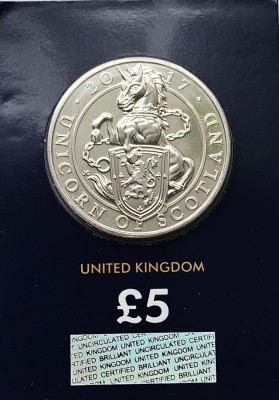 5 pounds 2017 Marea Britanie, 5th Portrait; Unicorn of Scotland, Brilliant unc, Coincard, km#1461 foto