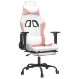 Scaun gaming de masaj/suport picioare, alb/roz, piele ecologica