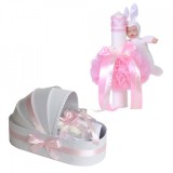 Trusou botez in landou fundita cu buline si lumanare cu iepuras, decor roz
