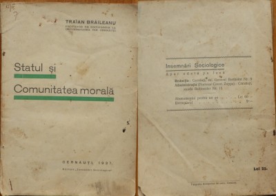 Trasian Braileanu , Statul si Comuniattea morala , Cernauti , 1937 , editia 1 foto