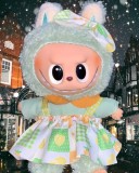 Jucarie de plus breloc - tip Labubu - 15 cm - imbracat in rochita colorata - verde