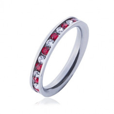 Inel din oțel - verighetă, zirconii roșii și albe - Marime inel: 55