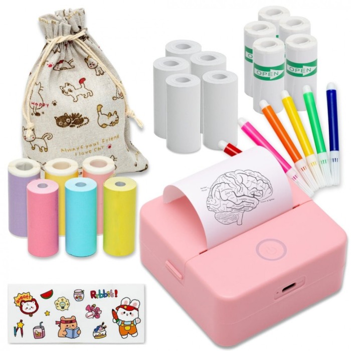 Mini imprimanta portabila MX1, ROZ cu 5 role albe +3 colorate ...