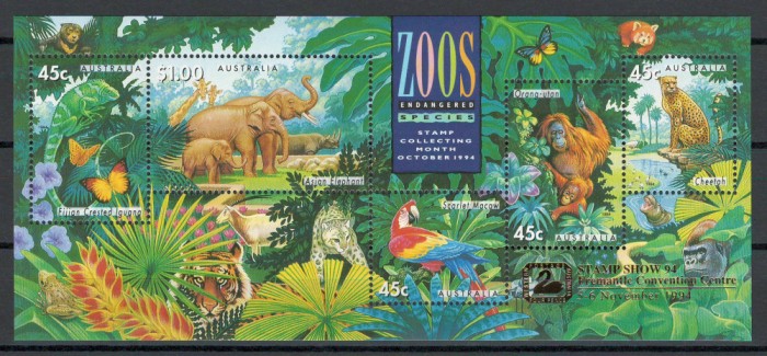 Australia 1994 Mi 1428/32 bl 17 IV supratipar - Animale pe cale de disparitie