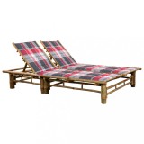 Șezlong Dublu Bambus vidaXL cu Perne, 200x130cm, 3 Poziții &Icirc;nclinare, Model Carouri Roșu