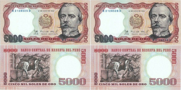 2 x 1985 ( 21 VI ) , 5,000 soles ( P-117c ) - Peru - stare UNC