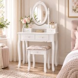 Masuta de toaleta cu oglinda si taburet tapitat inclus,sertare pentru cosmetice si bijuterii,design clasic romantic,structura din MDF,75x40x142 cm