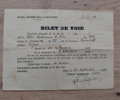 Bilet de voie Școala ofițeri rezerviști de cavalarie, Sibiu, din 1944, elev Boștinaru. foto