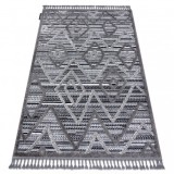 Covor Maroc P657 Negru/Gri, 120x170cm, Shaggy Franjuri Berber, Model Caro Zigzag Etnic, Polipropilena