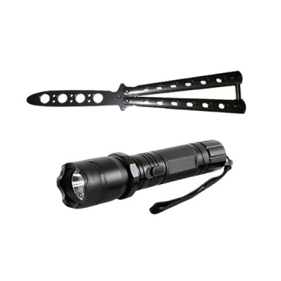Set Electrosoc Lanterna tip Police 1000KV si Briceag fluture basic, 22 cm, argintiu foto
