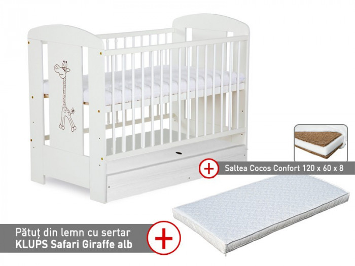 Patut cu sertar KLUPS Safari Giraffe Alb + Saltea 8 Confort II