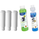Kit intretinere pentru espressor, Aqualogis, 3 x Filtru AL-TES46, Solutie curatare Latteo 250 ml, Solutie decalcifiere Verde 250 ml