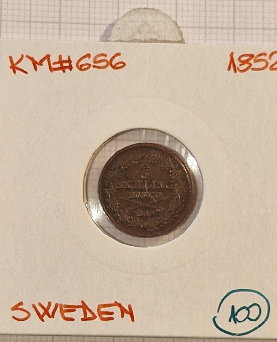 100 Suedia, Sweden, ⅙ Skilling Banco - Oscar I 1852, KM#656, excelenta