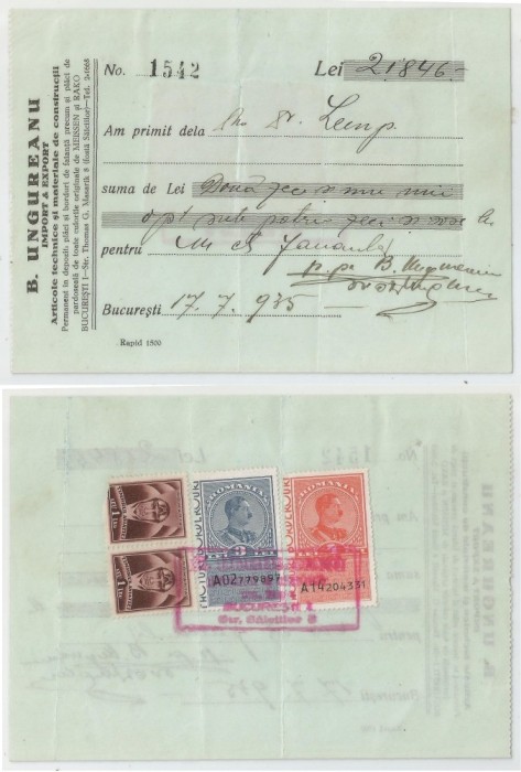 Romania, B. Ungureanu, Import &amp; Export, Chitanta, Bucuresti, 1935