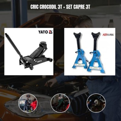 Pachet cric crocodil 3T pompa dubla + Set capre reglabile 3T foto