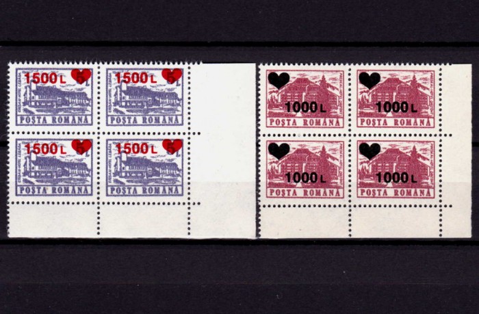 RO 1998,LP 1457 ,&quot;Hoteluri si cabane 1991/Inimioara&quot;,bloc 4 colt (dif.poz.) ,MNH