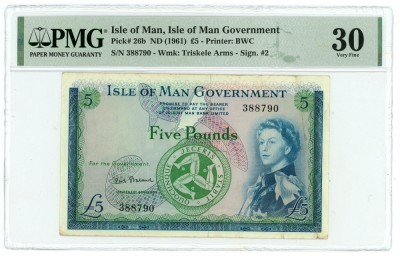 INSULA / ISLE OF MAN █ bancnota █ 5 Pounds █ 1961 █ VF █ PMG 30 █ foto