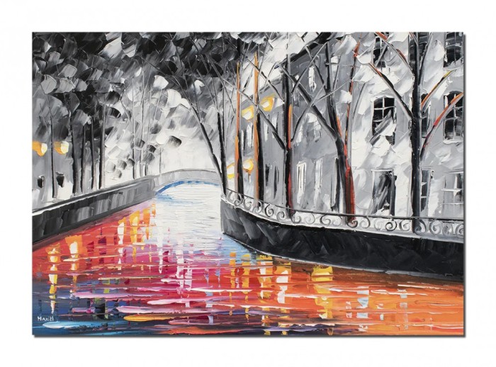 Tablou pictat manual, Reflexii, peisaj citadin, 70x50cm ulei pe panza, Spectaculos