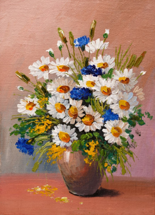 Tablou canvas Flori, margarete, alb, pictura, buchet2, 60 x 40 cm