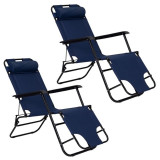 Set 2 sezlonguri pliabile cu tetiera si suport pentru picioare, Cadru Metalic Negru, Max 160 kg, Tesatura, Albastru, Oem