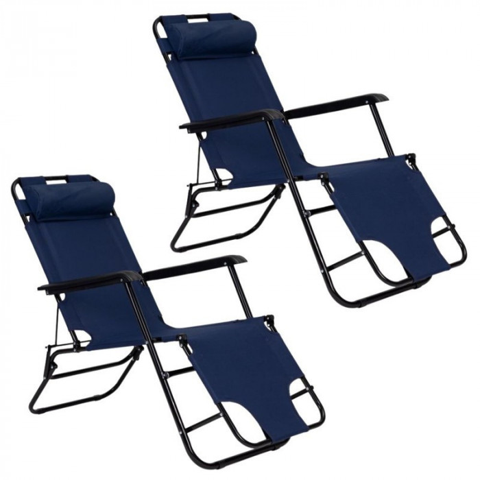 Set 2 sezlonguri pliabile cu tetiera si suport pentru picioare, Cadru Metalic Negru, Max 160 kg, Tesatura, Albastru